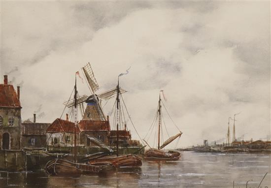Jan Van Couver, watercolour, Dutch harbour scene, 19 x 26cm